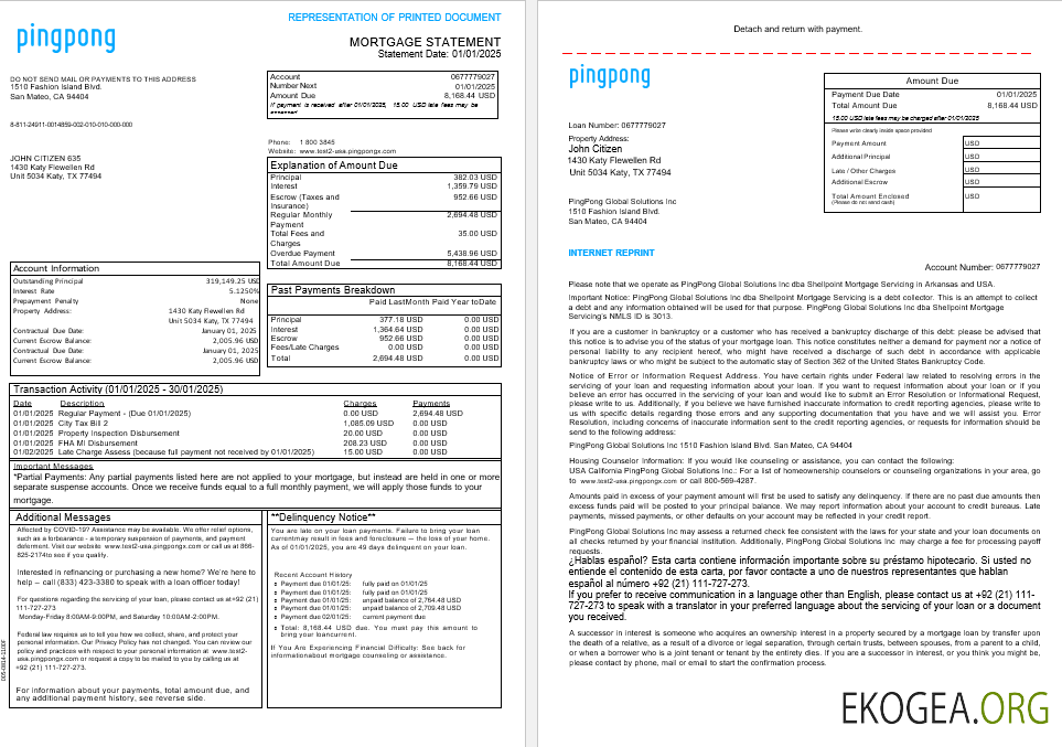 USA California PingPong Global Solutions Inc Relevé hypothécaire aux formats Word et PDF, 3 pages 1 , 2